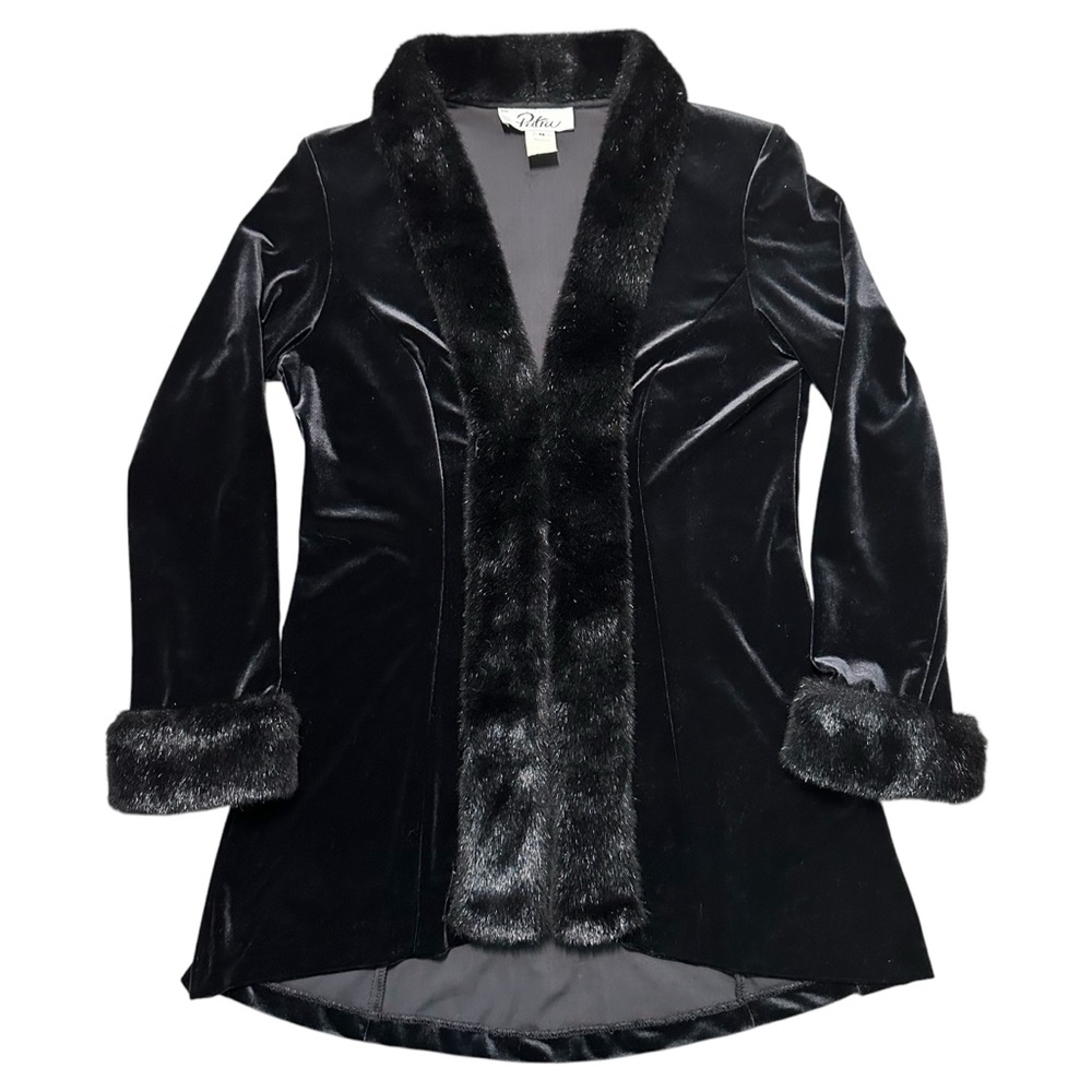 Vintage Patra Black Velvet Faux Fur Trim Classy Glam Long Cardigan, Medium